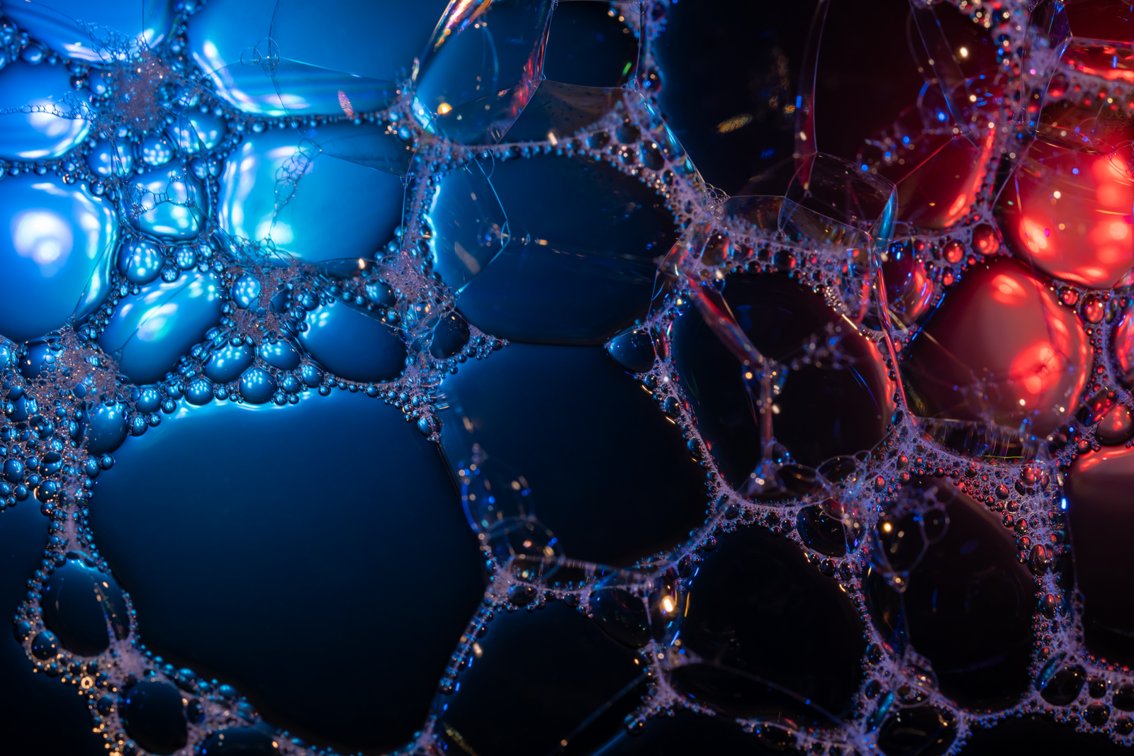 Macro shot of colorful soap bubbles with vibrant lighting, creating an abstract art piece.